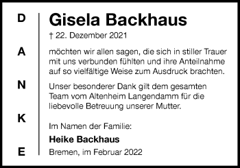 Traueranzeige von Gisela Backhaus von Nordwest-Zeitung