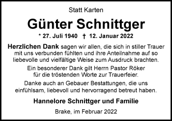 Traueranzeige von Günter Schnittger von Nordwest-Zeitung