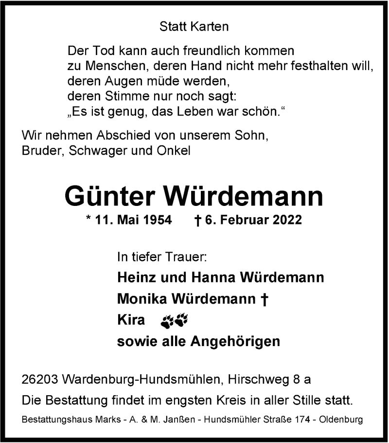  Traueranzeige für Günter Würdemann vom 19.02.2022 aus Nordwest-Zeitung