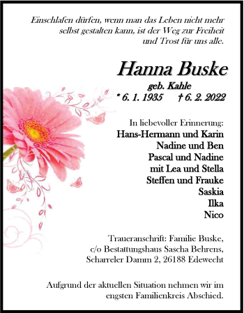 Traueranzeige von Hanna Buske von Nordwest-Zeitung