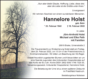 Traueranzeige von Hannelore Holst von Nordwest-Zeitung