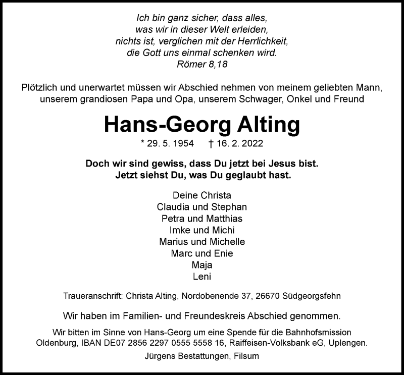  Traueranzeige für Hans-Georg Alting vom 22.02.2022 aus Nordwest-Zeitung