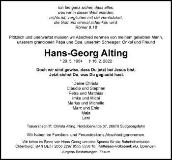 Traueranzeige von Hans-Georg Alting von Nordwest-Zeitung