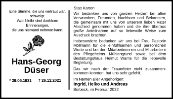 Traueranzeige von Hans-Gerog Düser von Nordwest-Zeitung