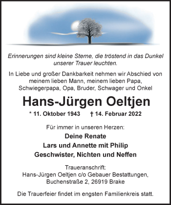 Traueranzeige von Hans-Jürgen Oeltjen von Nordwest-Zeitung