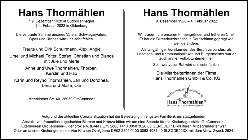  Traueranzeige für Hans Thormählen vom 12.02.2022 aus Nordwest-Zeitung