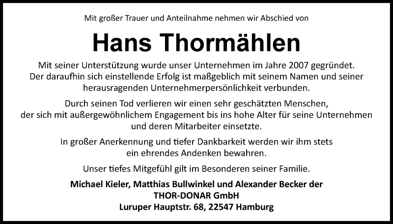  Traueranzeige für Hans Thormählen vom 12.02.2022 aus Nordwest-Zeitung