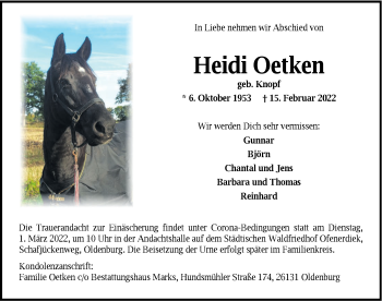 Traueranzeige von Heidi Oetken von Nordwest-Zeitung