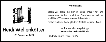 Traueranzeige von Heidi Wellenkötter von Nordwest-Zeitung