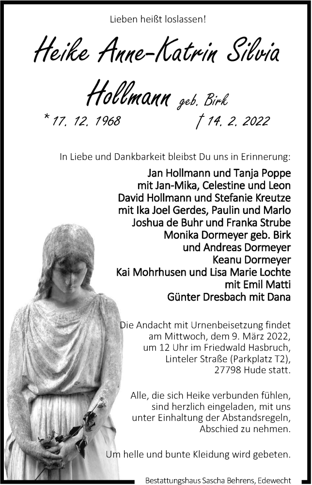  Traueranzeige für Heike Anne-Katrin Silvia Hollmann vom 26.02.2022 aus Nordwest-Zeitung