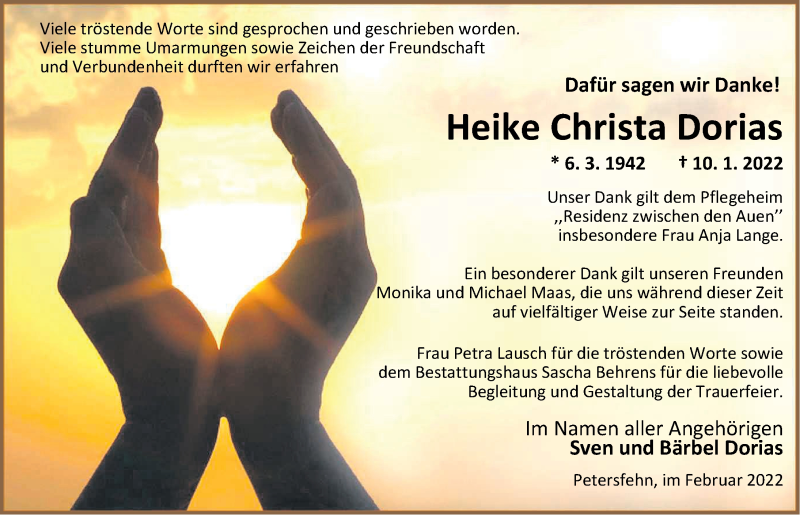  Traueranzeige für Heike Christa Dorias vom 05.02.2022 aus Nordwest-Zeitung