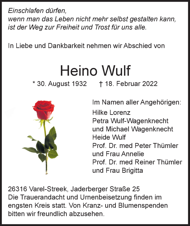  Traueranzeige für Heino Wulf vom 22.02.2022 aus Nordwest-Zeitung