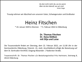 Traueranzeige von Heinz Fitschen von Nordwest-Zeitung