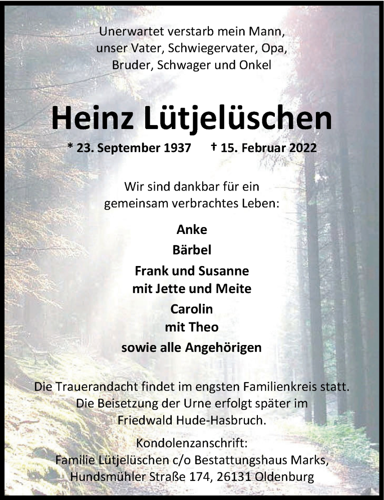  Traueranzeige für Heinz Lütjelüschen vom 19.02.2022 aus Nordwest-Zeitung