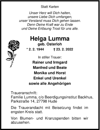 Traueranzeige von Helga Lumma von Nordwest-Zeitung