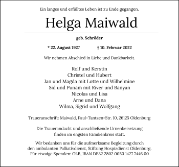 Traueranzeige von Helga Maiwald von Nordwest-Zeitung