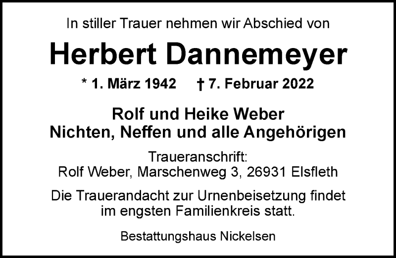  Traueranzeige für Herbert Dannemeyer vom 10.02.2022 aus Nordwest-Zeitung