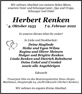Traueranzeige von Herbert Renken von Nordwest-Zeitung