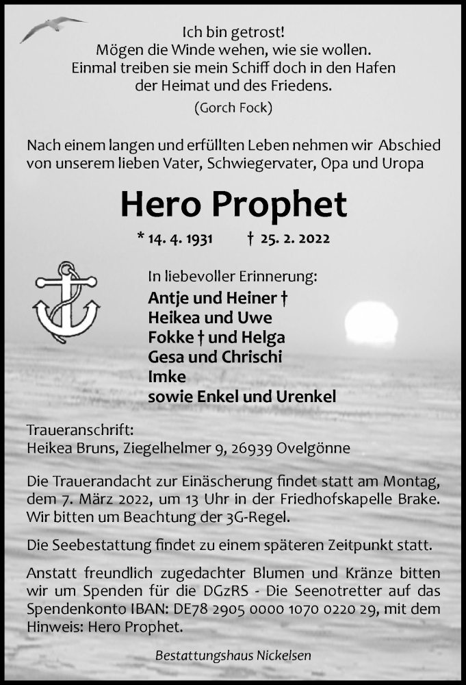  Traueranzeige für Hero Prophet vom 01.03.2022 aus Nordwest-Zeitung