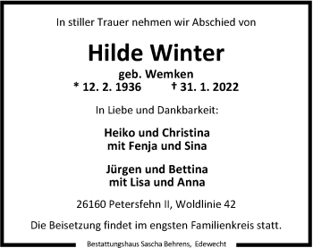 Traueranzeige von Hilde Winter von Nordwest-Zeitung