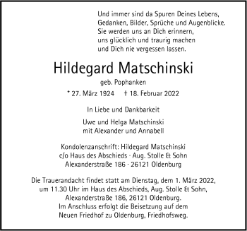 Traueranzeige von Hildegard Matschinski von Nordwest-Zeitung