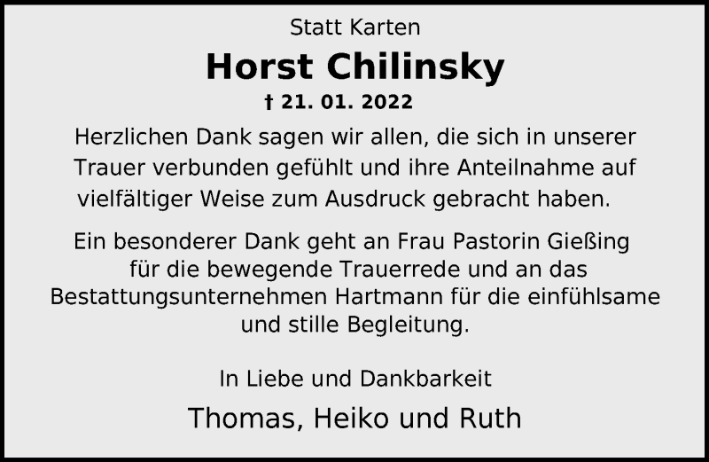  Traueranzeige für Horst Chilinsky vom 26.02.2022 aus Nordwest-Zeitung