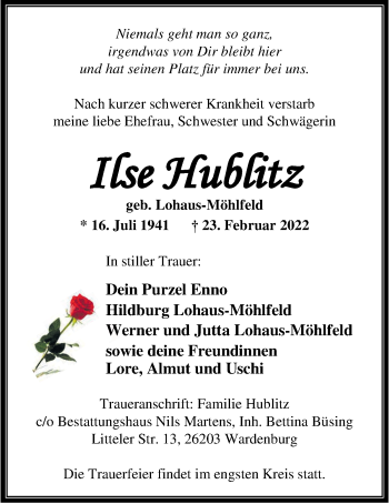 Traueranzeige von Ilse Hublitz von Nordwest-Zeitung