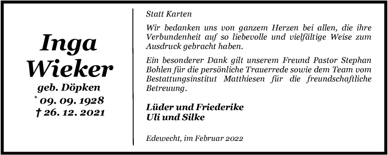  Traueranzeige für Inga Wieker vom 12.02.2022 aus Nordwest-Zeitung