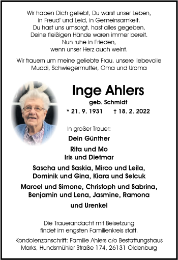 Traueranzeige von Inge Ahlers von Nordwest-Zeitung