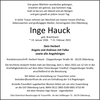 Traueranzeige von Inge Hauck von Nordwest-Zeitung