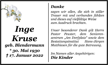 Traueranzeige von Inge Kruse von Nordwest-Zeitung
