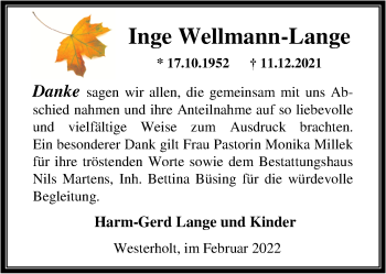 Traueranzeige von Inge Wellmann-Lange von Nordwest-Zeitung