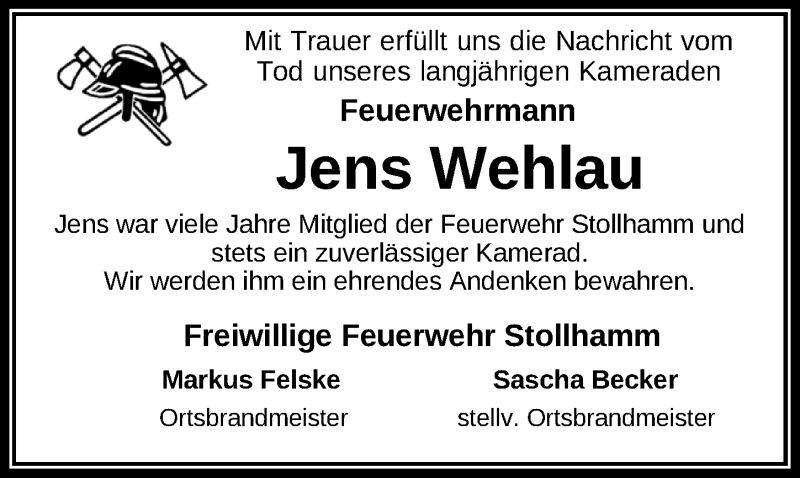  Traueranzeige für Jens Wehlau vom 01.03.2022 aus Nordwest-Zeitung