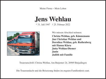 Traueranzeige von Jens Wehlau von Nordwest-Zeitung