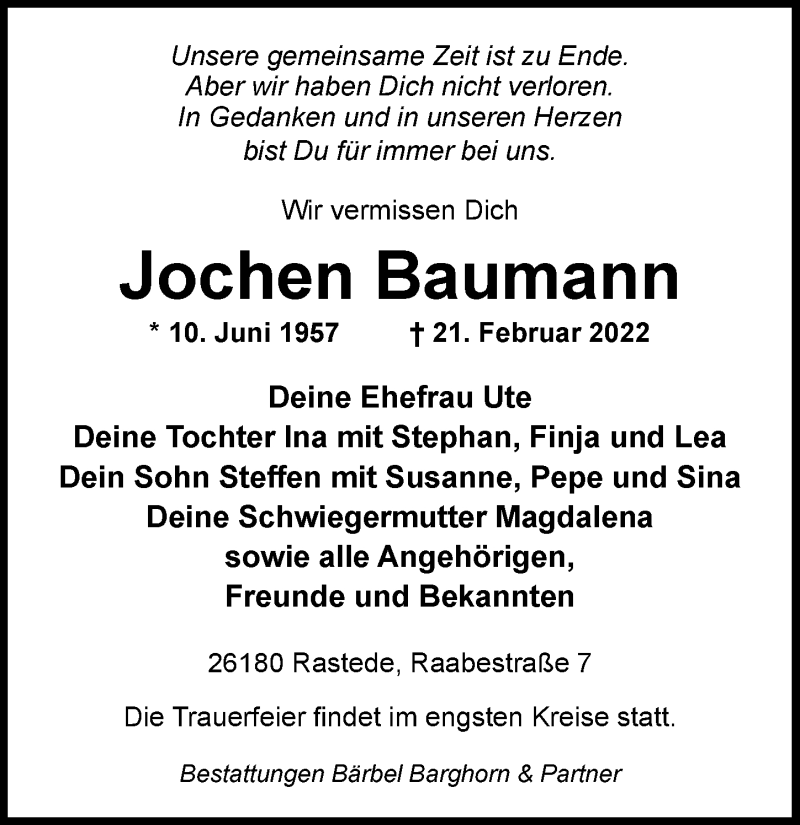  Traueranzeige für Jochen Baumann vom 26.02.2022 aus Nordwest-Zeitung