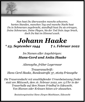 Traueranzeige von Johann Haake von Nordwest-Zeitung