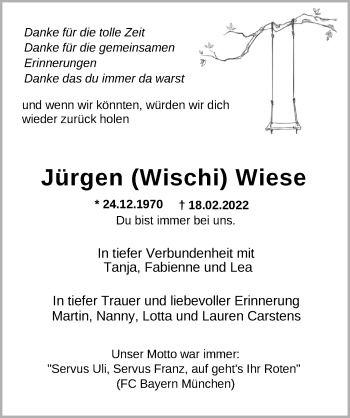 Traueranzeige von Jürgen Wiese von Nordwest-Zeitung