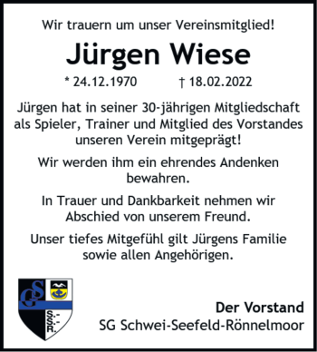 Traueranzeige von Jürgen Wiese von Nordwest-Zeitung