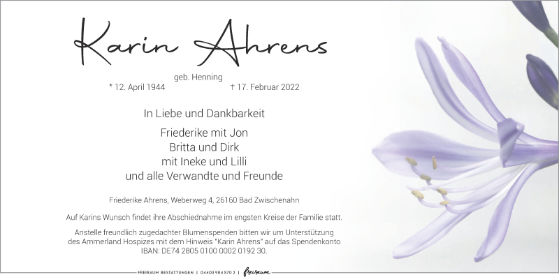  Traueranzeige für Karin Ahrens vom 26.02.2022 aus Nordwest-Zeitung