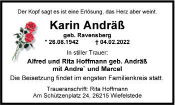 Traueranzeige von Karin Andräß von Nordwest-Zeitung