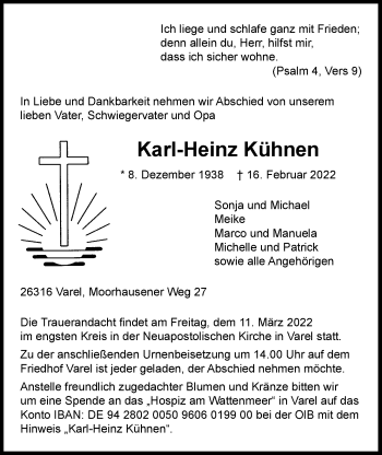 Traueranzeige von Karl-Heinz Kühnen von Nordwest-Zeitung