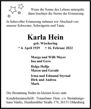 Traueranzeige von Karla Hein von Nordwest-Zeitung