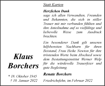 Traueranzeige von Klaus Borchers von Nordwest-Zeitung