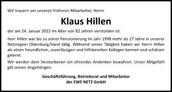 Traueranzeige von Klaus Hillen von Nordwest-Zeitung