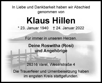 Traueranzeige von Klaus Hillen von Nordwest-Zeitung