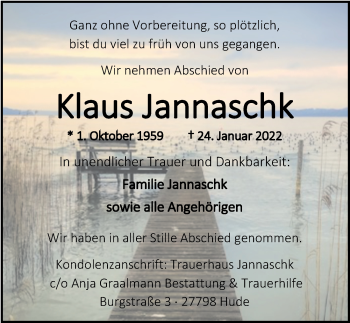 Traueranzeige von Klaus Jannaschk von Nordwest-Zeitung