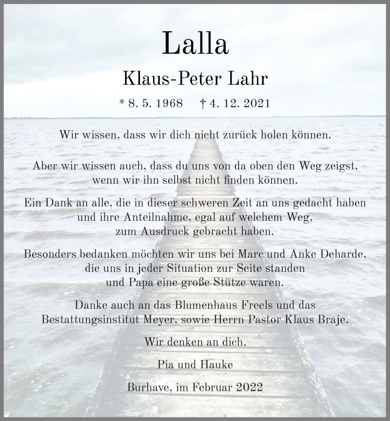 Traueranzeige für Klaus-Peter Lahr vom 08.02.2022 aus Nordwest-Zeitung