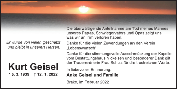 Traueranzeige von Kurt Geisel von Nordwest-Zeitung