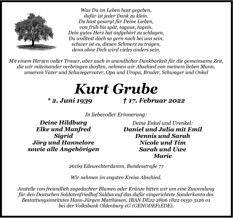  Traueranzeige für Kurt Grube vom 22.02.2022 aus Nordwest-Zeitung
