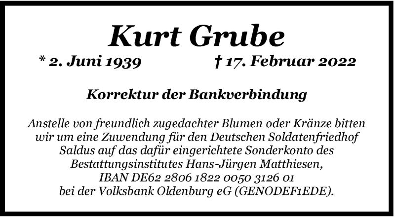  Traueranzeige für Kurt Grube vom 24.02.2022 aus Nordwest-Zeitung